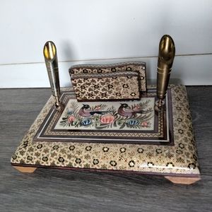 Vintage Persian Wooden Double Pen Holder Marquetry